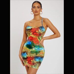 Multicolor Snakeskin Spaghetti Strap Sheath Mini Dress
